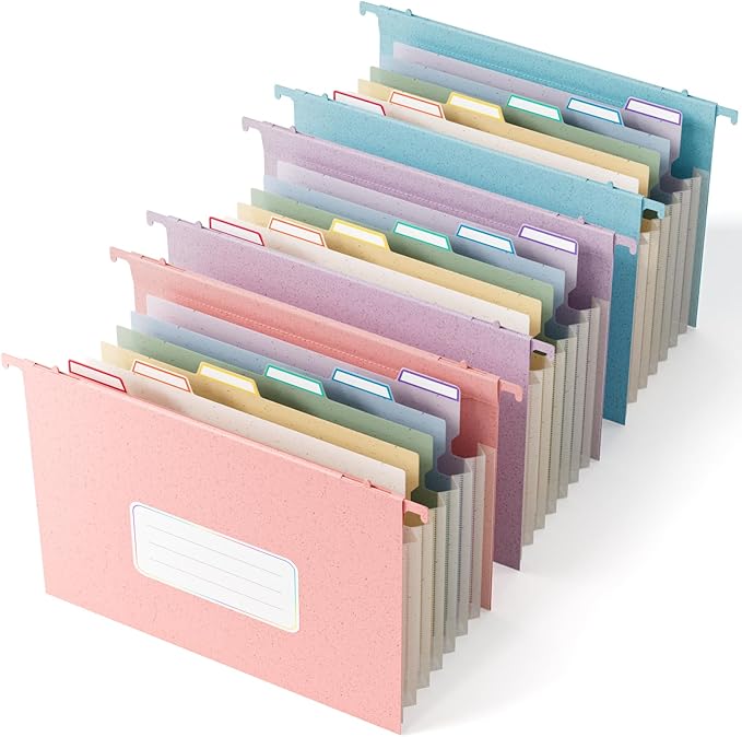 Wheat Straw Expanding Hanging File Folders,7-Pocket Accordion Organizer with 1.2" Expansion, Large-Capacity Letter Size for Filing Cabinet, 100% BPA Free, 3-Pack (Pink, Blue, Purple)