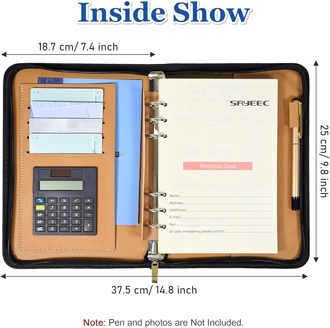 SAYEEC Leather Portfolio Notebook Binder with Calculator A5 6 Ring Refillable Budget Planner Binder Cover with Zipper Zippered Padfolio Organizer Business Journal Conference Folder Gifts for Men Women