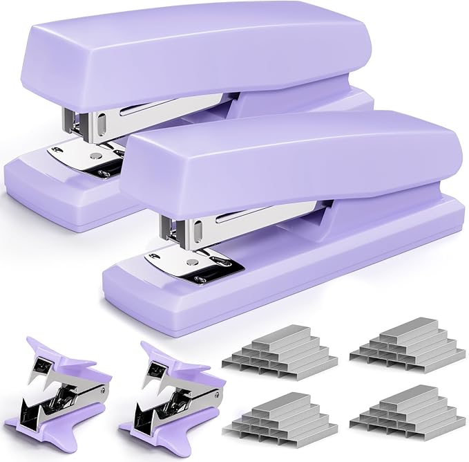 2 Pack Purple Office Staplers, 25-Sheet Capacity with 4000 Staples and 2 Staple Removers, Desktop Stapler, Purple Office Supplies for Students and Office Clerks