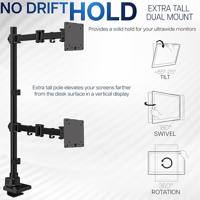 VIVO Dual Ultra-Wide Monitor Extra Tall Desk Mount for up to 49 inch Ultrawides, Clamp-on Adjustable Stand Holds 44 lbs per Screen, VESA up to 100x100mm, Black, STAND-V120T