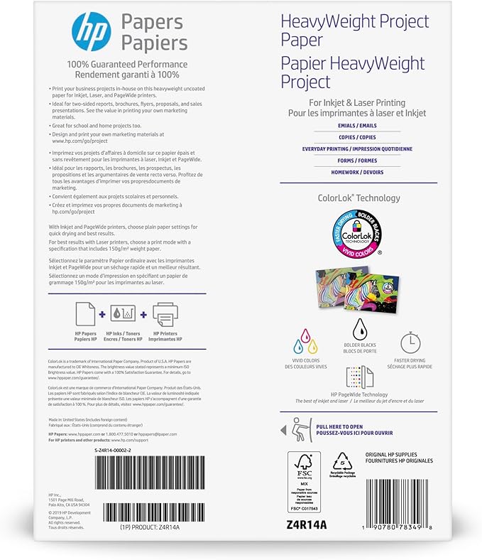 HP HeavyWeight Project Paper, Matte, 8.5x11 in, 40 lb, 250 sheets, works with inkjet, PageWide, laser printers (Z4R14A)
