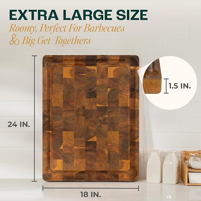 Yes4All Durable Acacia Wood Cutting Board for Kitchen, 24"x15"x1.5" Large End Grain Design, Pre-Oiled Thick Chopping Board with Juice Grooves and Easy Grip Handles, Ideal for Meal Prep and Serving