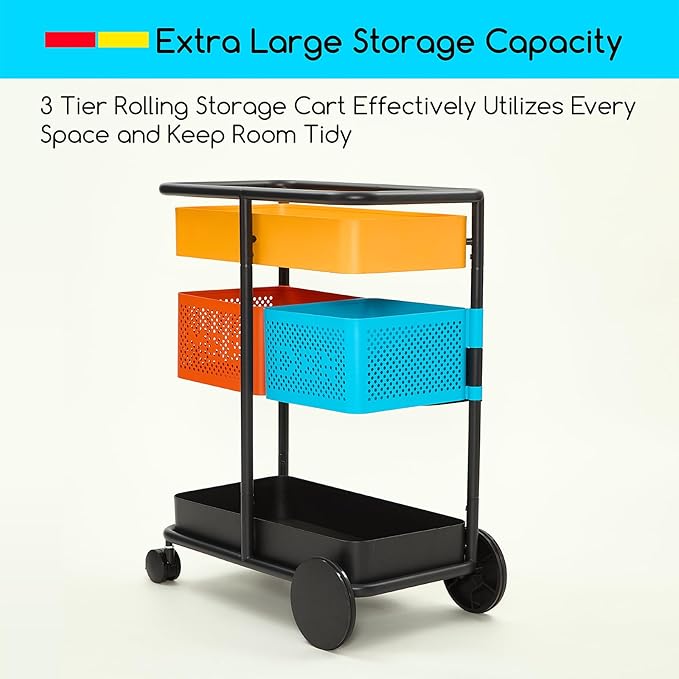 MEEDEN 3 Tier Rolling Utility Cart: Metal Heavy Duty Storage Cart Organizer with Wheels - Portable Tool Trolley for Home Office Kitchen