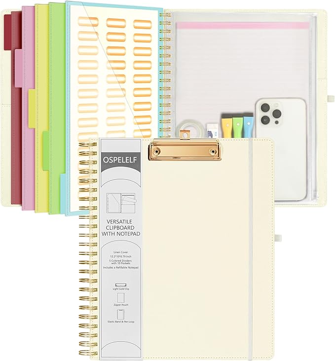 Ospelelf Foldable Spiral Clipboard Folio with Storage Zipper Pouch, 5 Plastic Folders with 10 Pockets, Refillable Lined Notepad (11" x 8.5"), Linen Hardcover Project Organizer (Beige)