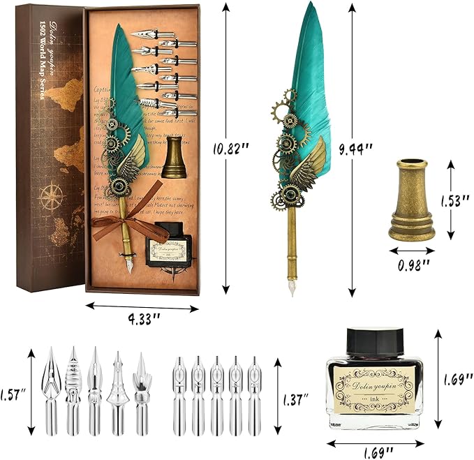 Hethrone Calligraphy Pens - Caligraphy Pens for Writing Feather Pen Quill Pen and Ink Set with Black Ink 10 Replaceable Nibs Gift Set (Green)