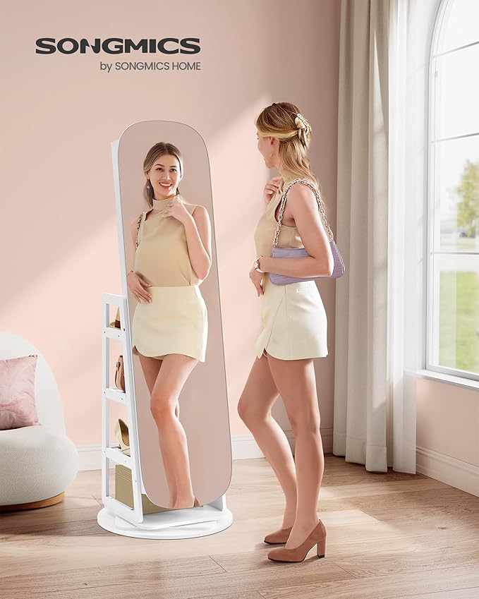 SONGMICS LED Jewelry Cabinet, 360° Swivel Jewelry Organizer, Lockable Mirror Jewelry Cabinet Standing, Rounded Wide Full-Length Mirror with Storage Shelves, Interior Mirror, Cloud White UJJC036W01