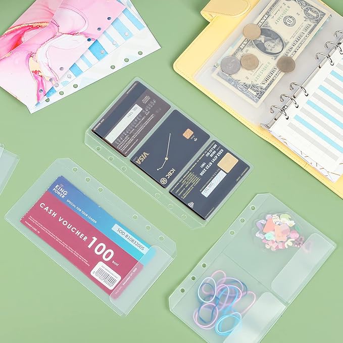 30pcs Trisection A6 Binder Pocket no Zipper Clear Budget Planner Inserts Bulk Binder Organizer Cash Envelopes for Budgeting Waterproof PVC Loose Leaf Bags Card Sleeves for 6 Ring Notebook