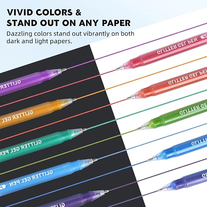 Xmusk Glitter Gel Pens, 6 Colors Double Shining Colors Red Glitter Metallic Gel Ink Pen with 1.0 mm Large Capacity Smooth Writing Color Pens for Adult Coloring Note, Drawing, Art Supplies