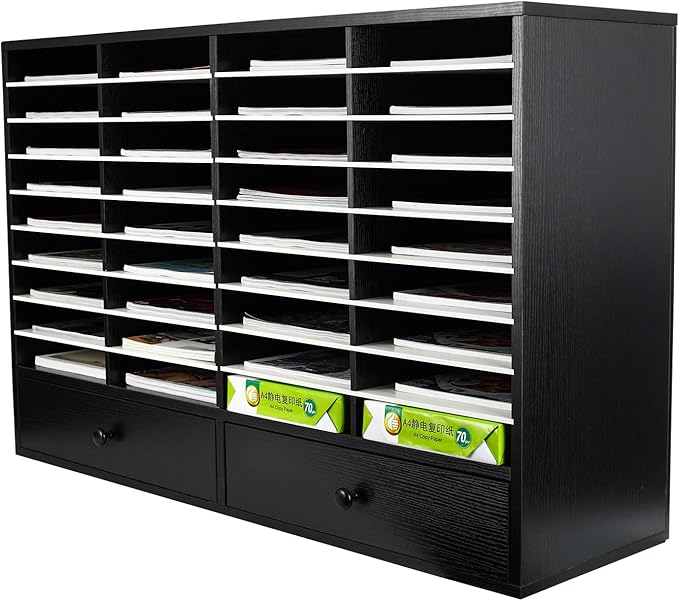 PAG Mail Sorter Organizer, Wood Literature Organizer, Student Mailbox for Classroom, Desktop Bill Paper Organizer for Office Home School, 38 Compartments, Black&White
