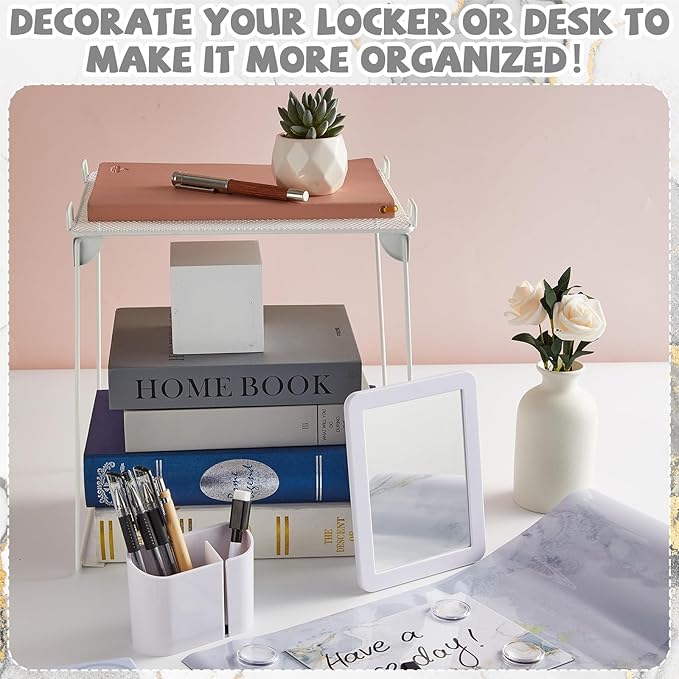 White Locker Accessories and Organizer Kit Include Marble Print Wallpaper Magnetic Mirror Whiteboard Pen Holder Magnet Locker Shelf Essentials for Back to School Supplies