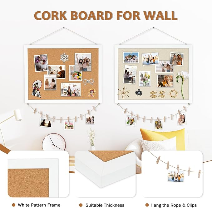 Double-Sided Large Cork Board with Linen, 24" x 18" Hanging Wood Framed Bulletin Board, Picture Display Vision Board Corkboards for Wall Room School Office Decor, 20 Pushpins,1pack