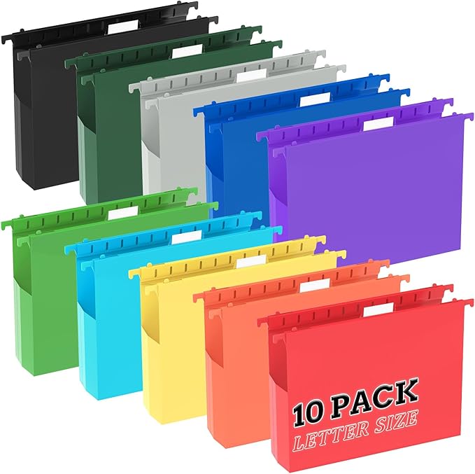 10pcs Hanging File Folders Letter Size, Plastic Hanging Folders, 2" Expandable File Folders Hanging with Tabs, File Organizer for Home Office School Document Organization, Assorted Colors