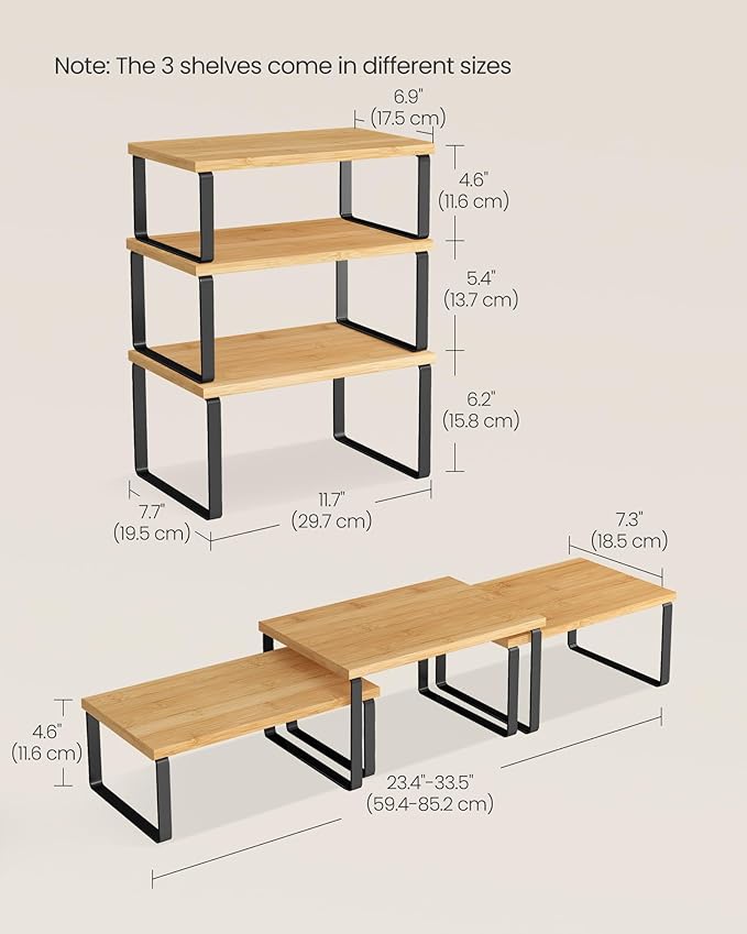 SONGMICS Cabinet Organizer Shelf, Set of 3 Kitchen Counter Shelves, Kitchen Storage, Spice Rack, Stackable, Expandable, Ink Black and Natural Beige UKCS014YL03