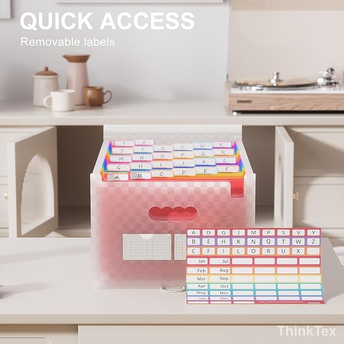 ThinkTex Accordion File Organizer, 26 Pockets Expanding File Folders, Monthly Bill Receipt Documents Organizer, A-Z Colorful Tabs, Letter/A4 Size - Pink