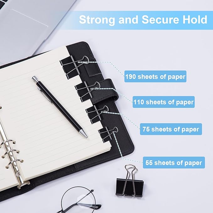 Binder Clips Assorted Sizes, 140 PCS Black Binder Paper Clips Office Clips Office Supplies Desk, 4 Sizes Cute Binder Clips Large Medium Binder Clip Small Paper Clips Medium Paper Clamps (Black)