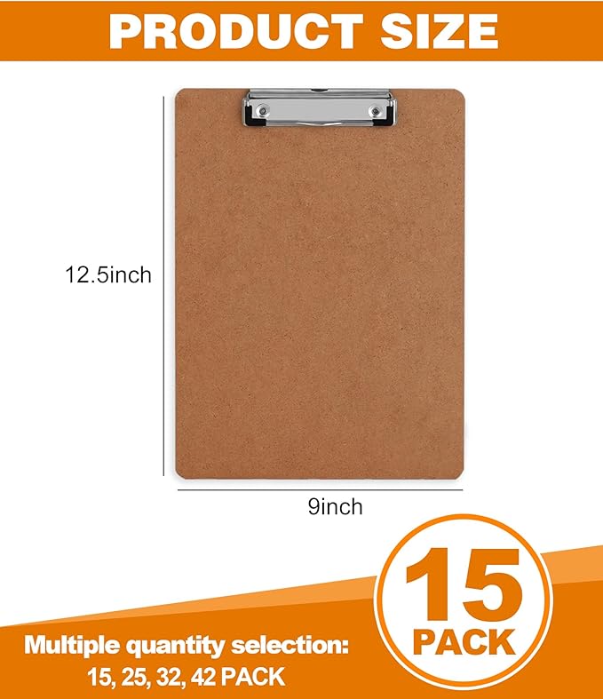 Clipboard, HERKKA 15 Pack Hardboard Office Clipboards Standard A4 Letter Size Clipboard with Low Profile Clip, Size 12.5 x 9 Inch