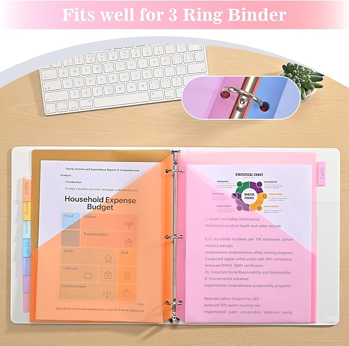 8-Tab Dividers for 3 Ring Binder, 96 Count Binder Dividers with Pockets, Subject Dividers, 3-Hole Plastics Sheets Protectors for US Letter Size in 0.5", 1",2" Binders, 8 Pastel Colors, 12 Packs