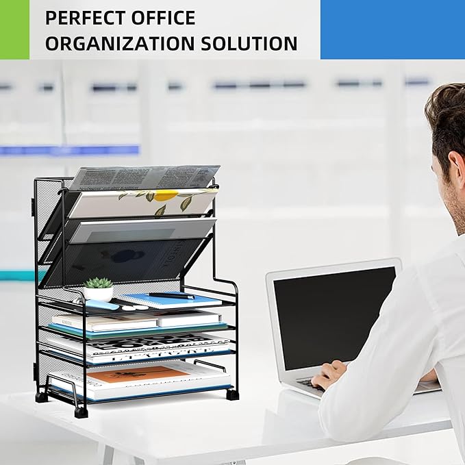 4-Tier Paper Organizer + 3-Pocket File Holder + Drawer + Pen Holders, Desktop File Organizers Paper Tray for Office Supplies School Classroom Organization (Black, No Drawer & Pen Holder)