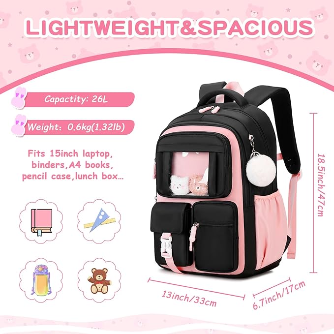 Kids Backpack for Girls School Bags for Middle School Students Book Bag for Elementary Primary Kawaii Ita Backpack, Black and Pink