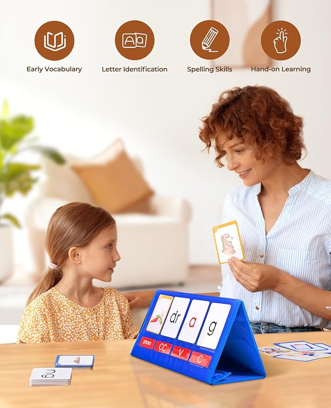 Gamenote Word Building Desktop Pocket Chart - CVCC & CCVC Word Phonics Game，Sight Words Flash Cards Kindergarten Classroom Must Haves，Blending Board for Kids Learning Reading and Spelling