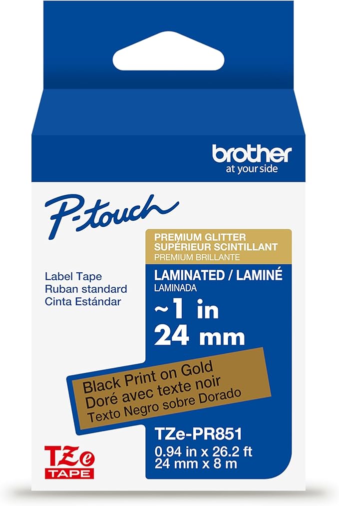 Brother Genuine P-Touch TZe, Black Print on Gold Label Tape (TZePR851), Premium Glitter Laminated,1in x 26.2ft (24mm x 8m) for Select P-Touch Label Makers, Powerful Lamination, for Crafting