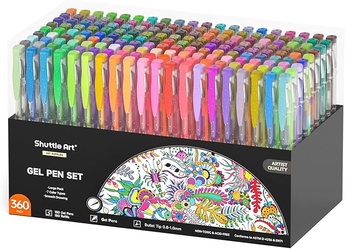 Shuttle Art 360 Pack Gel Pens Set, 180 Colors Gel Pen Set Plus 180 Color Refills Perfect for Adult Coloring Books Doodling Drawing Art Markers