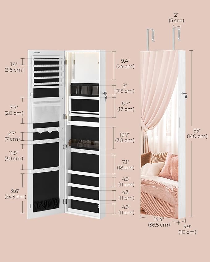 SONGMICS 55 Inches Tall Spacious Jewelry Cabinet, Jewelry Armoire with Light-Up Interior Mirror, Wall or Door Mounted Jewelry Storage Organizer, Lockable, Gift Idea, Cloud White UJJC032W01