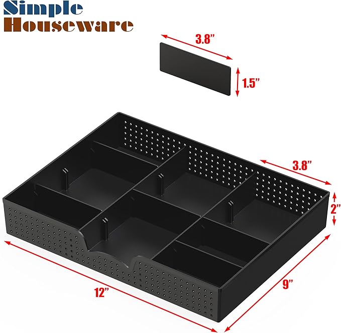 Simple Houseware Drawer Organizer Tray with 9 Adjustable Compartments, 2 Packs, Black
