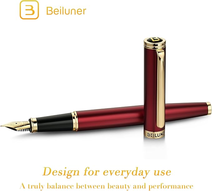BEILUNER Red Fountain Pen,Stunning Luxury Pens with 24K Gold Finish, Gorgeous 24K Gilded Nib(Medium), Fancy Pen Gift for Men&Women -Ink Converter-Elegant,Professional,Office,Nice Pen for Writing