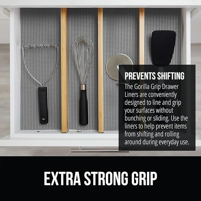 GORILLA GRIP powerGRIP Drawer Shelf and Cabinet Liner, Thick Strong Hold, Non-Adhesive Liners Protect Kitchen Cabinets and Cupboard, Bathroom Drawers, Easy Install, Breathable Mat, 12" x10', Gray