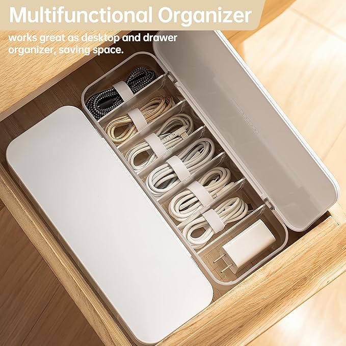 Cable Organizer Storage Box with 7 Wire Ties,Desktop Cable Management Box with Lid,Power Cord Organizer with 7 Compartments for Office,Home,Desk Accessories Storage Stationery Supplies White