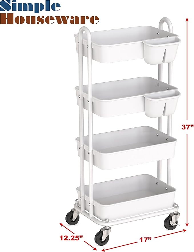 Simple Houseware 4-Tier Multifunctional Rolling Utility Cart with Hanging Buckets, White