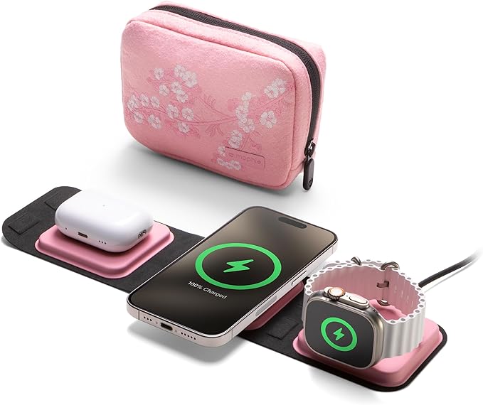 Mophie 3-in-1 Travel Charger with MagSafe - Portable Wireless Charging Hub, Compatible w/iPhone 17/16/15/14/13/12 Series, Apple Watch Series 11 to 1 & Ultra, AirPods Pro/3rd Gen, Cherry Blossom Pink