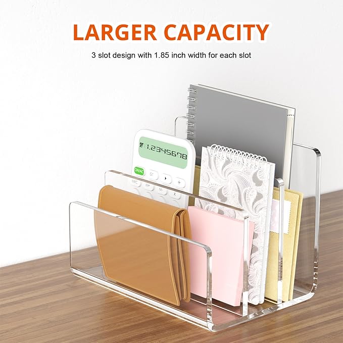 Richboom Acrylic File Sorter, 8.5"x6.3"x6.2", Upright File Organizer for Desk, Mail Organizer Countertop, File Holder for Letter, Document, Notebook, Clear, 3 Sections