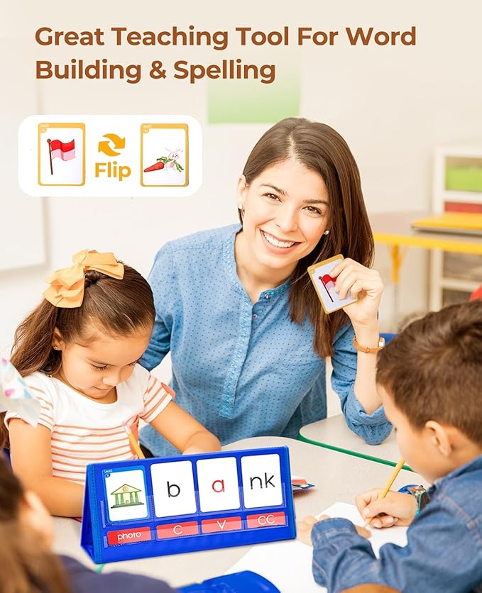 Gamenote Word Building Desktop Pocket Chart - CVCC & CCVC Word Phonics Game，Sight Words Flash Cards Kindergarten Classroom Must Haves，Blending Board for Kids Learning Reading and Spelling