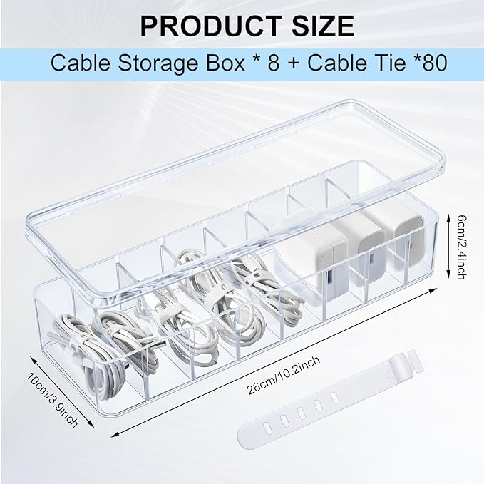 Tatuo 8 Pcs Cable Organizer Box with Wire Ties, Plastic Cord Storage Box with Lid, Electronics Organizer for Home Office Desk Organizers and Accessories (Clear)