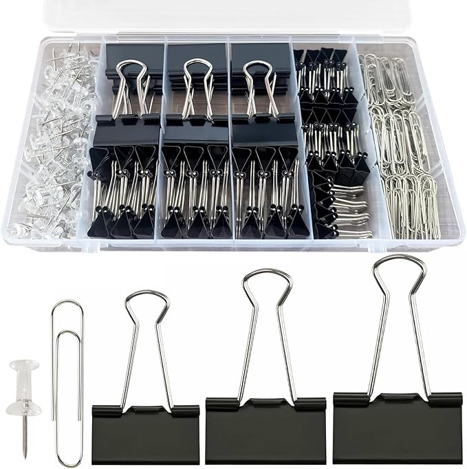 Paper Clips and Binder Clips Office Supplies Paperclips Assorted Sizes, 240 PCS Black Office Clips Paperclips and Binder Clips Set, Small Binder Clip Cute Binder Clip Push Pin Paper Clamp Thumb Tack