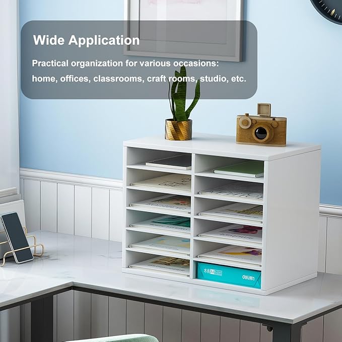 PAG Countertop Mail Sorter Organizer, Wooden Literature Organizer, Student Mailbox for Classroom, Desktop Bill Organizer for Office Home School, 12 Compartments, White