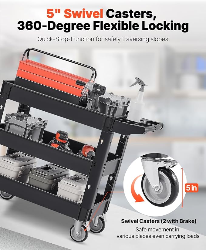 VEVOR Utility Cart, 3-Tier Plastic Service Cart with 550LBS Capacity, 360° Swivel Casters (Including 2 Locking Wheels), Medium Lipped Shelves, Ergonomic Handle, for Garage, Warehouse, Cleaning Tasks