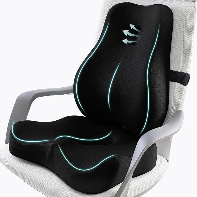 Seat Cushion & Lumbar Support Pillow Set for Office Chair, Ergonomic Pillow for Sciatica Pain Relief, Memory Foam Back Support Pillow & Chair Cushion for Car seat, Desk Chair (Black)