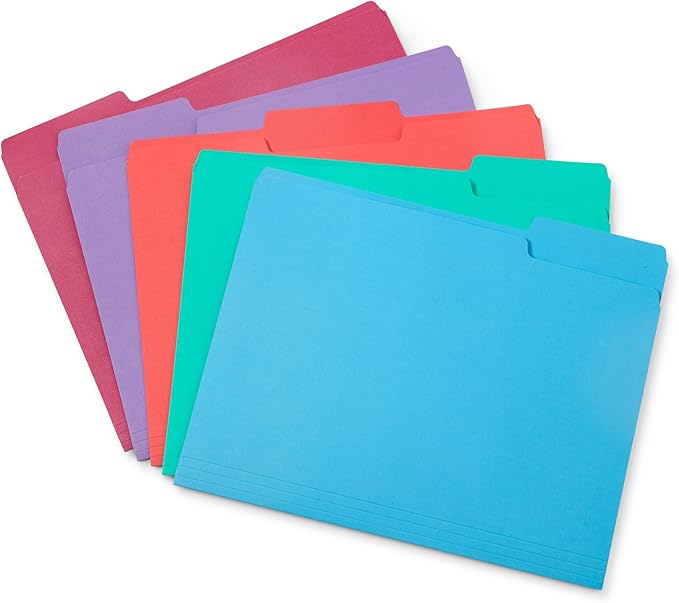 100 Blue Summit Supplies Colored File Folders Letter Size 1/3 Cut Tabs - Pastel File Folders, Colorful File Folders Multicolor, Durable 11pt Paper