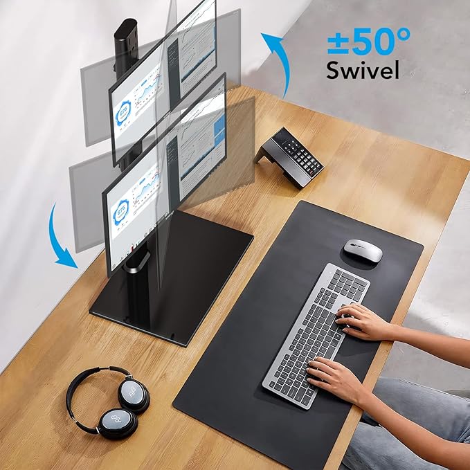 AX WABER Dual Monitor Stand Vertical Stack Screen Free-Standing Desk Mount Arm Riser Fits Two 13 to 34 Inch Computer Monitors with Swivel,Tilt, Height Adjustable,VESA Stand 100x100mm, 75x75mm AX05TB02
