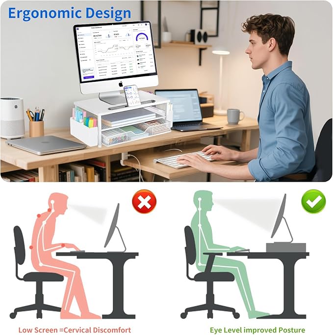 AUPSEN White Monitor Stand Riser, 2-Tier Wood Computer Desk Organizer with Drawer, Pen Storage & Phone Holder, Office Desk Accessories Desktop Organizer for Office Supplies