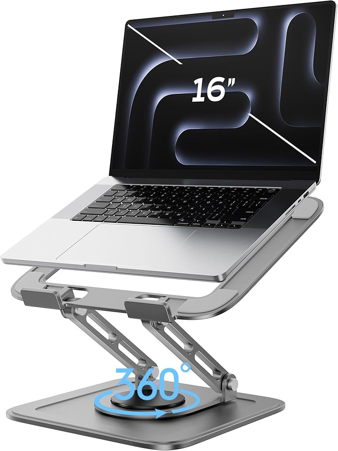 Adjustable Laptop Stand for Desk with 360 Base, Ergonomic Laptop Riser, Mount, Holder Notebook Computer Stand for MacBook Air Pro, HP, Dell, XPS, HP 16" Laptops - Gray