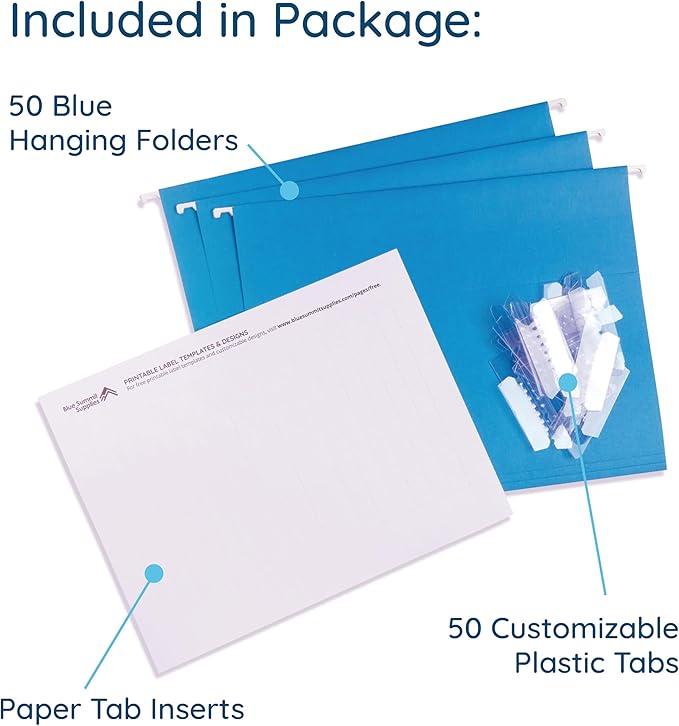 Blue Summit Hanging File Folders, Letter Size, Blue, Great for Organizing and Easy File Storage, 50 Per Box