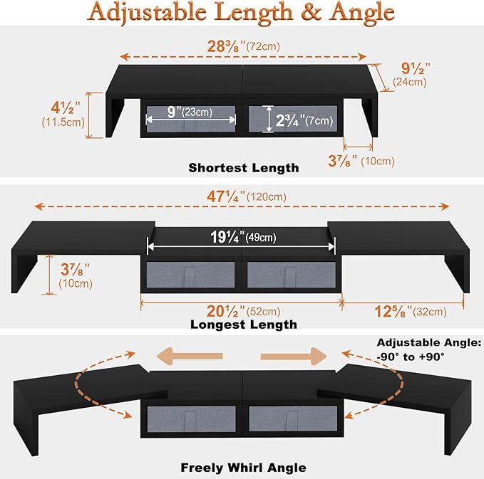 TEAMIX Wood Dual Monitor Stand Riser with Drawers-Length and Angle Adjustable Triple Monitor Stand with Storage Large Computer Riser for 2/3 Monitors/Laptops/PC/Printers