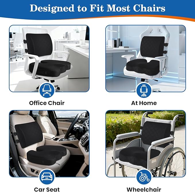 TushGuard Back&Seat Cushion, Car Seat Office Chair Cushions, Memory Foam Lumbar Back Support Pillow, Portable Airplane Seat Cushion for Travel, Computer Desk, Wheelchair, Driving (Black, X-Large)