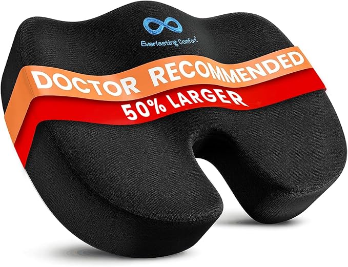 Everlasting Comfort Doctor Recommended Memory Foam Seat Cushion for Office Chairs & Car - Ergonomic Office Desk Accessories - Cushions for Tailbone Pain Relief, Sciatica (Black, X-Large)