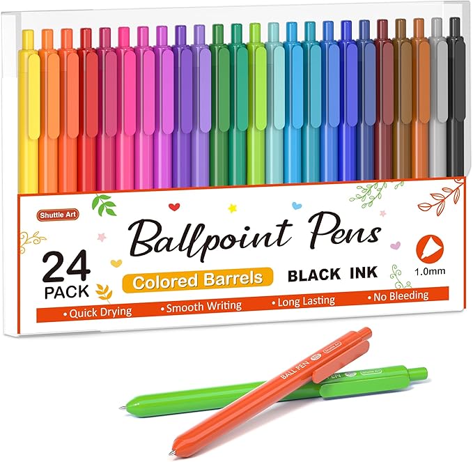 Shuttle Art Ballpoint Pens, 24 Pack Colored Retractable Black Ink Ball Point Pens, Cute Pens 1.0mm Medium Point Quick Drying for Writing Journaling Taking Notes School Office Home
