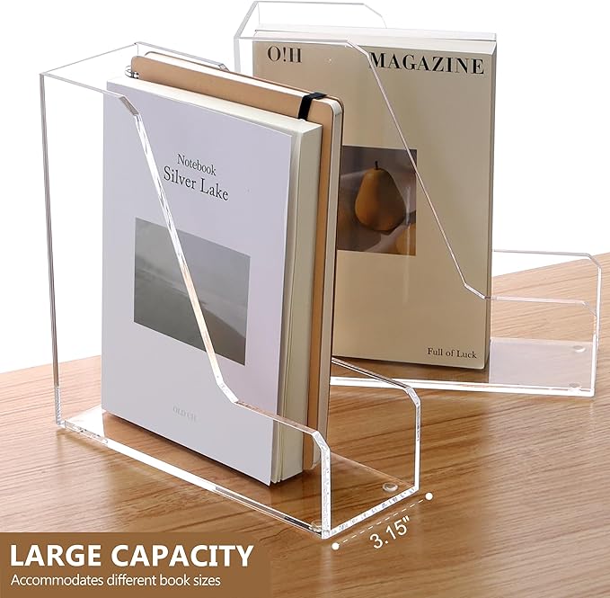 SANRUI 2 Pack Acrylic Magazine File Holder, Vertical File Sorter Holders Desk Organizer, Clear Folder Organizer Document Rack for Office Desktop, Home Workspace, 8.66inx8.46inx3.15in
